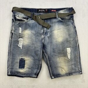 Ecko Unltd Jorts Mens 38 Blue Denim Jean Thrashed Y2K Faded Patchwork Baggy Belt